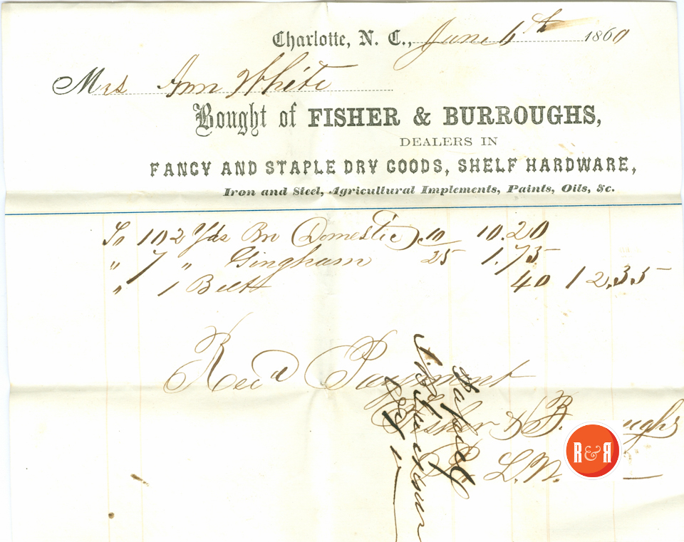 A.H. White's Bill from firm in 1860 - Courtesy of the White Collection/HRH 2008