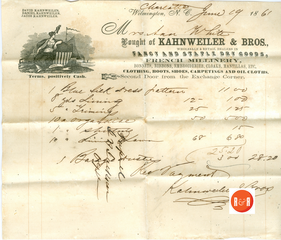 The Kahnweiller Co., Charlotte and Wilmington, NC - 1860  Courtesy of the White Family Collection – 2008