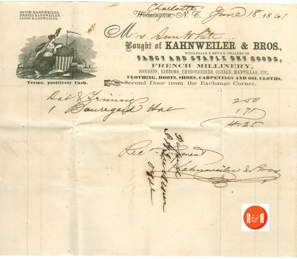The Kahnweiller Co., Charlotte and Wilmington, NC - 1860  Courtesy of the White Family Collection – 2008