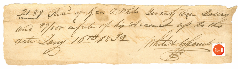 White and Chambers Receipt from G.P. White - 1832