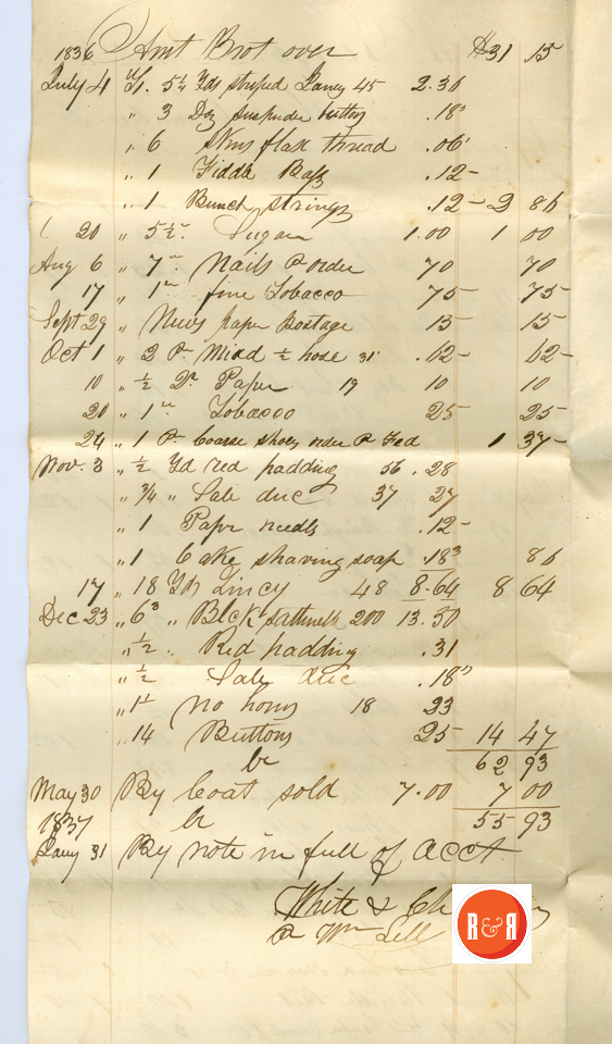Account of Geo. P. White@ White and Chambers Store - 1836, p.2 - Courtesy of the White Collection/HRH 2008