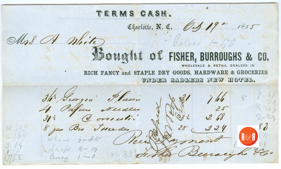 A.H. White's Bill from firm in 1855 - Courtesy of the White Collection/HRH 2008