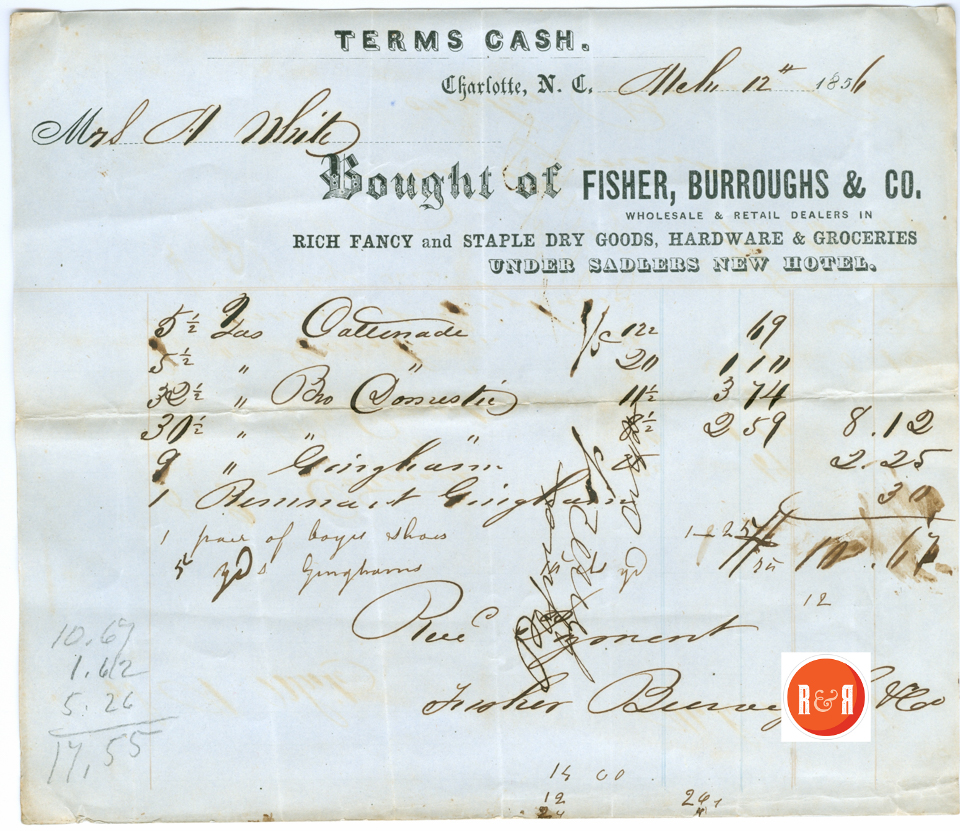 A.H. White's Bill from firm in 1856 - Courtesy of the White Collection/HRH 2008