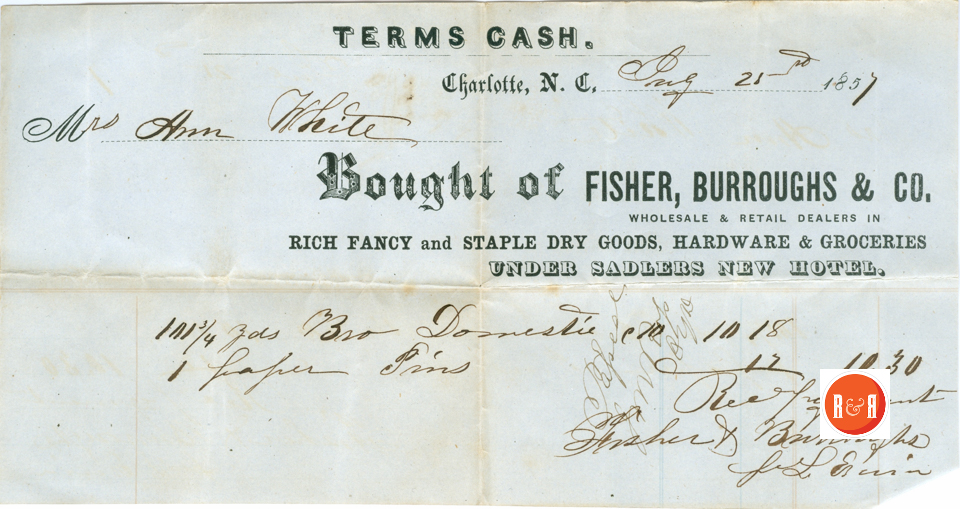 A.H. White's Bill from firm in 1857 - Courtesy of the White Collection/HRH 2008
