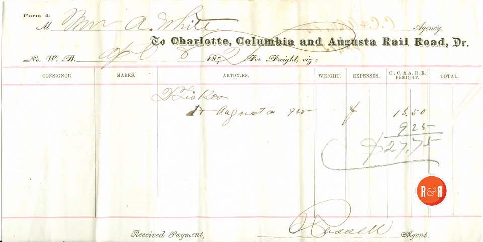 Ann H. White travels to Augusta, GA. - 1872 - Courtesy of the White Collection/HRH 2008