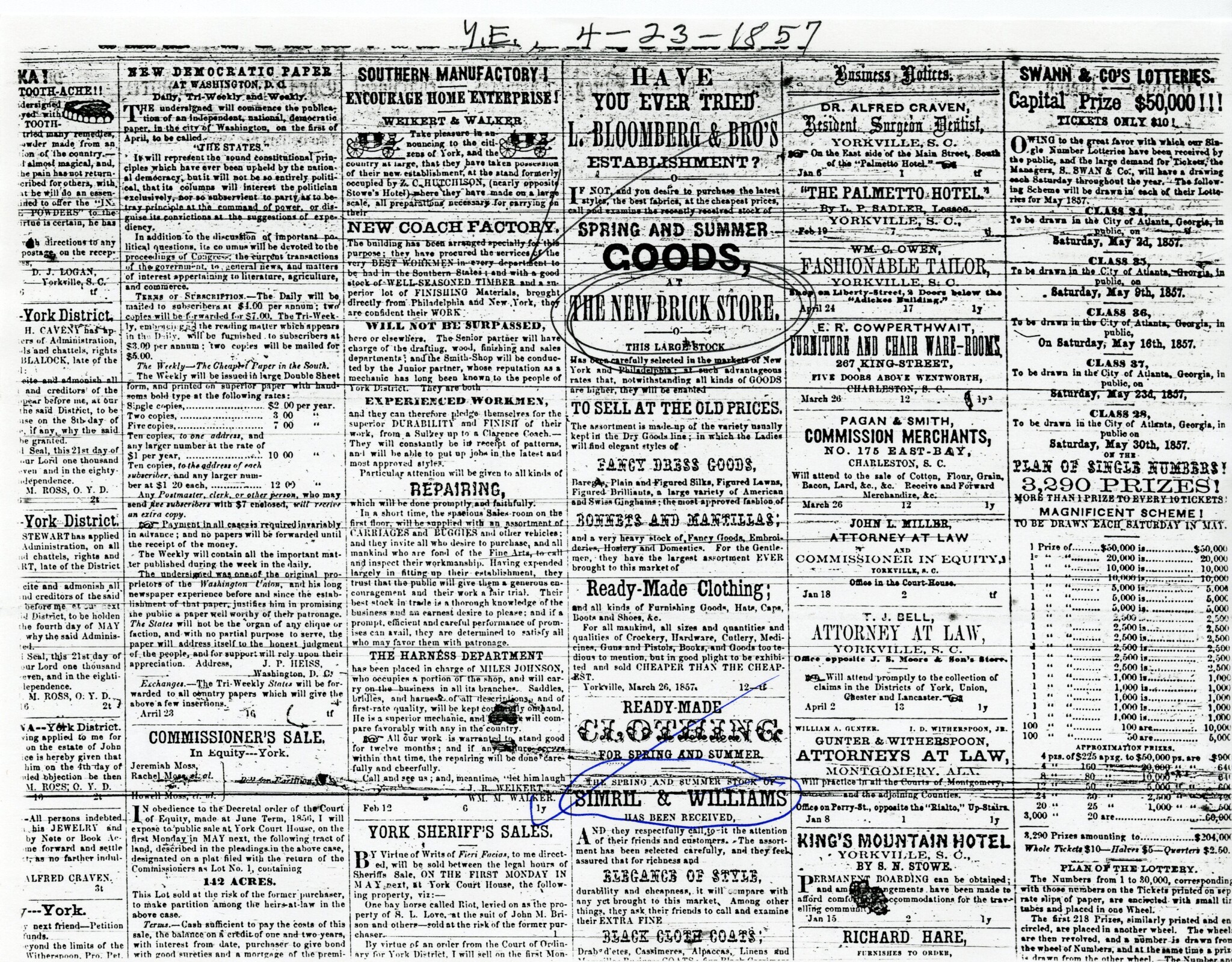 Alfred Craven - Dentist Advertises in Yorkville Enquirer - 1857