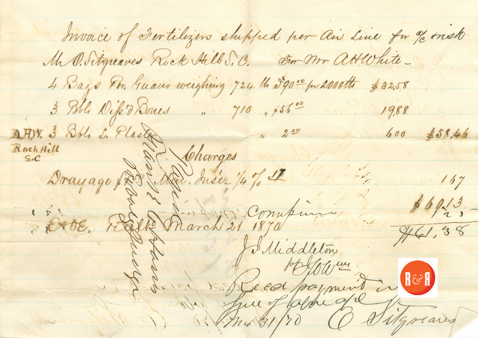 O. SITGREAVES ORDERS FERTILIZER FOR ANN H. WHITE - 1870