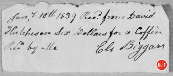 Eli Biggar, a well known coffin maker in the Nations Ford area of York County, paid $6.00 for a coffin by David Hutchison in 1839.