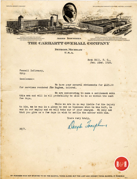 Letter from the Carhartt Co., referring to the collection of a dept.  Courtesy of the Fennell Collection - 2012