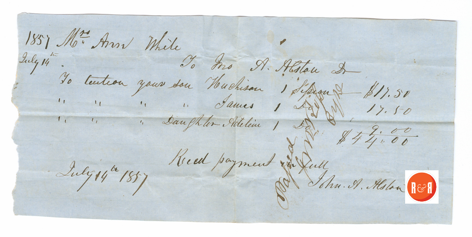 ANN H. WHITE PAYS FOR TUITION - 1857