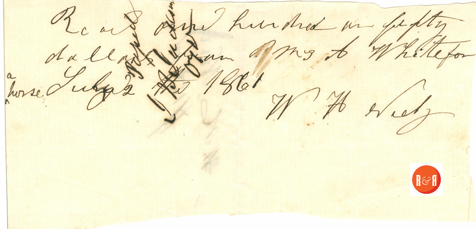 W.H. Neely sold horse to Ann H. White - 1861  Courtesy of the White Collection/HRH 2008