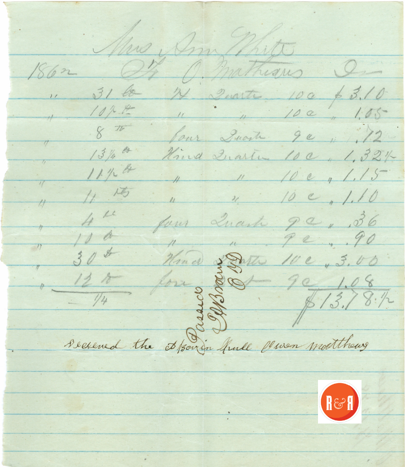 Ann H. White purchases food items from O. Mathews  (Owen Matthews) 1862 - Courtesy of the White Collection/HRH 2008
