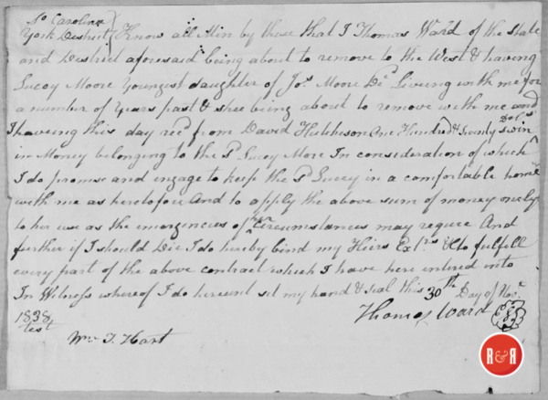 Letter stating that Lucy Moore, the daughter of Joseph Moore is moving west with Mr. Thomas Ward.  Document dated: Nov. 30, 1838 with David Hutchison and Wm. T. Hart serving as legal parties to the document also stating Mr. Ward was being given funds to assist in Lucy's upkeep.  Courtesy of Hutchison Group - 2021
