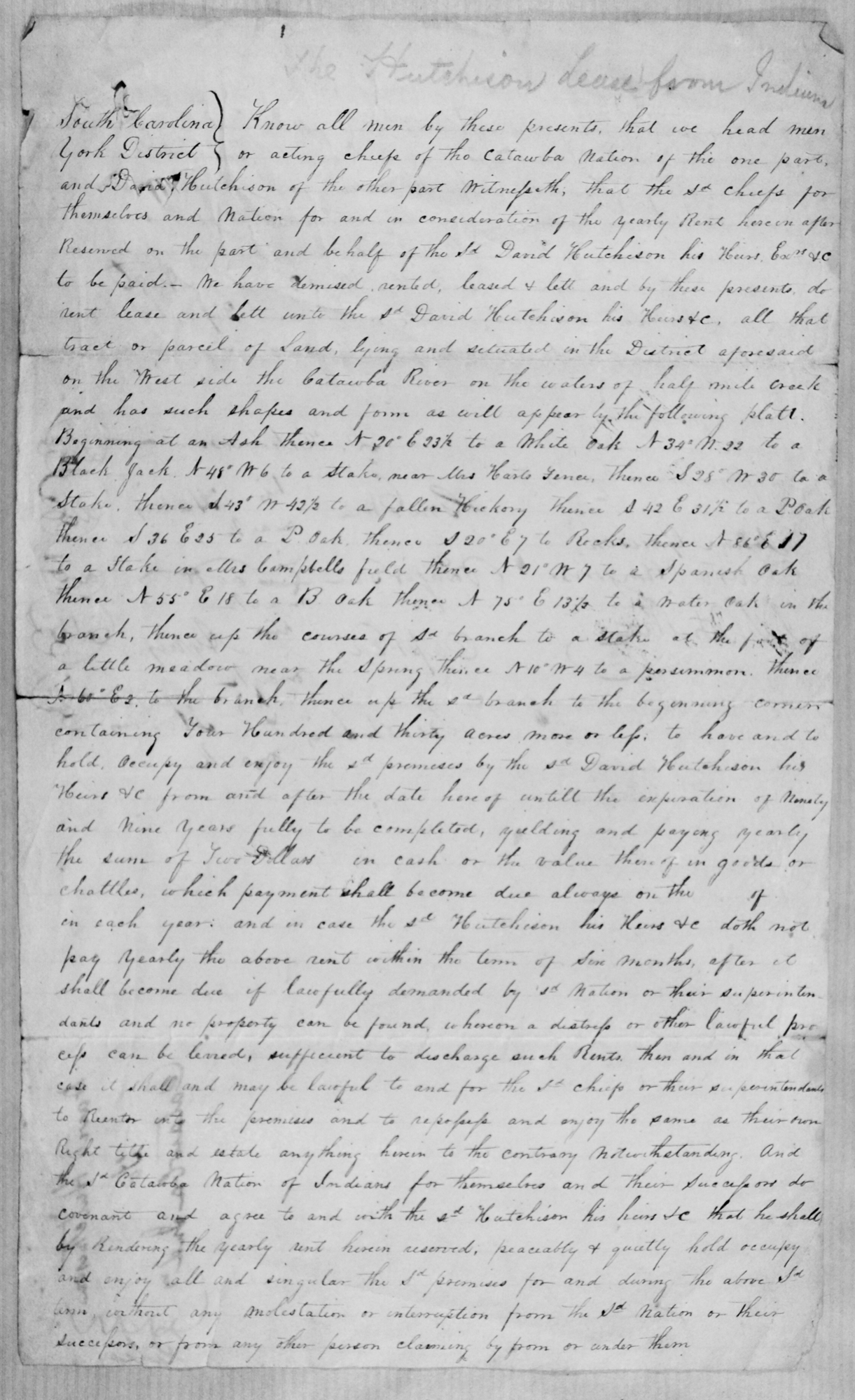 Catawba Indian Treaty to lease properties to white planters in the greater Indianland area, 1839.  Page 1,  Hutchison Group 2021