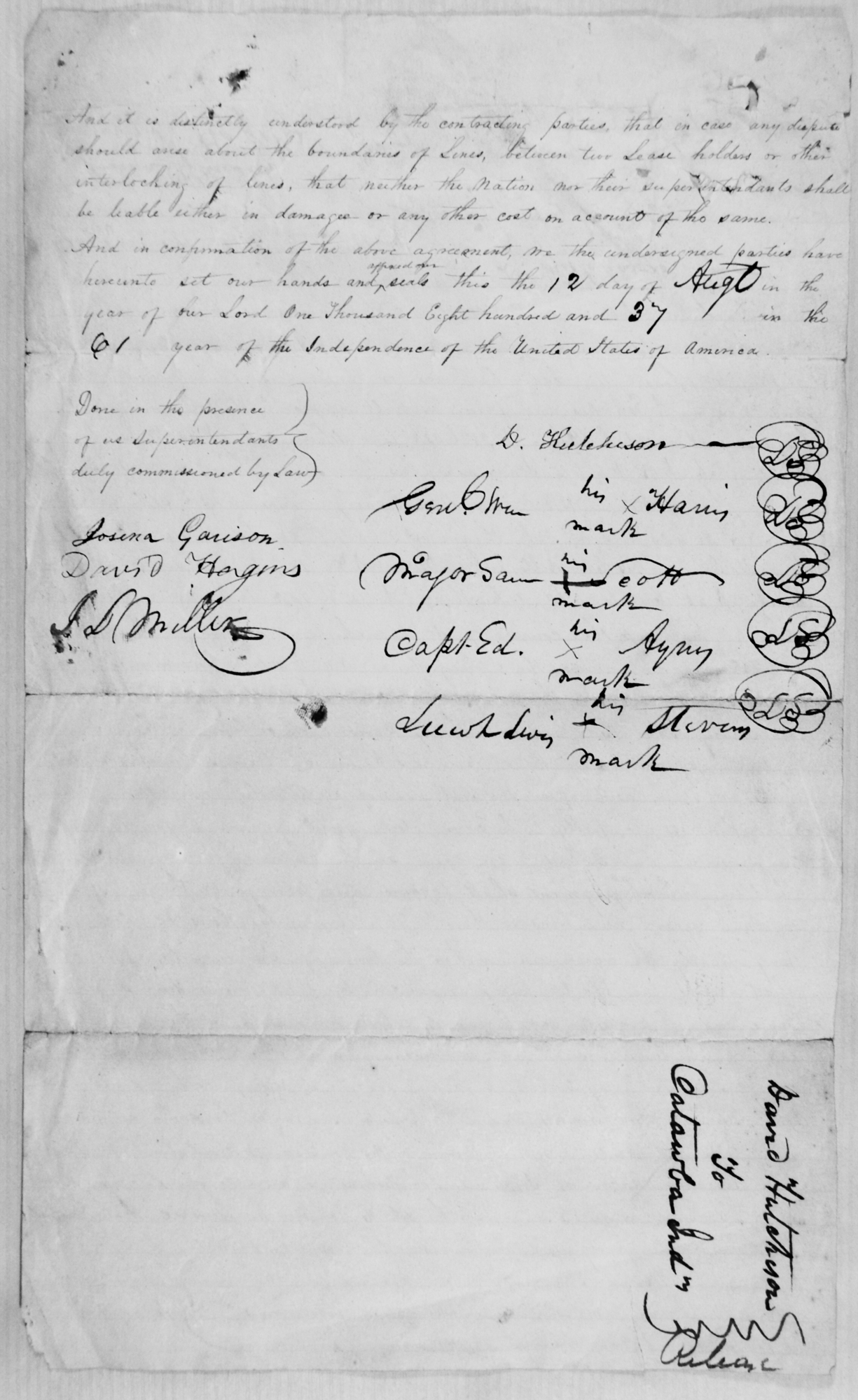 Catawba Indian Treaty to lease properties to white planters in the greater Indianland area, 1839.  Page 3,  Hutchison Group 2021.  Signatures included: General (William) Harris, Major Sam Scott, Captain Ed Ayers, Lt. (Stevens) for the Catawba Indian Tribe and David Hutchison