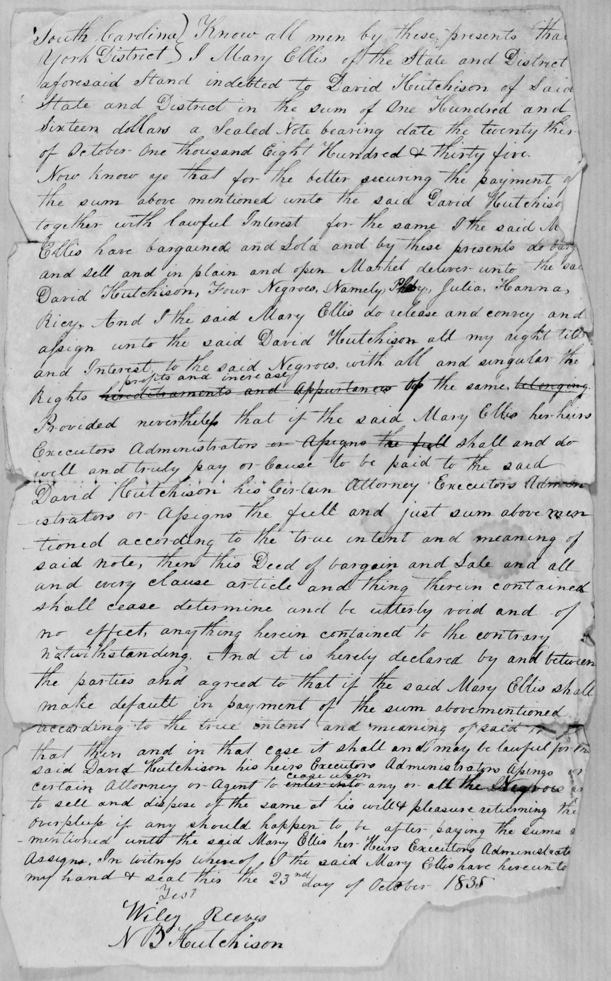 Document Note: Two certificates from the South Carolina College for N. B. Hutchison.  The first is dated April 1, 1836 and is for board and tuition, signed by Thomas Park, College Treasurer.  The second is dated April 1, 1838 and is for $52 for Board for 13 weeks and $25 for tuition, also signed by Parks.