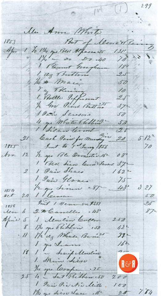 ACCOUNT RECEIPT 1853-56 FROM ANN H. WHITE - P. 1