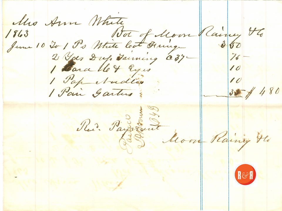 ENLARGEMENT OF MOORE AND RAINEY RECEIPT - 1863   White Collection/HRH 2008