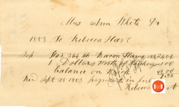 Receipt from Rebecca Hart to Ann H. White for ham, chickens, and brick - Sept. 15, 1853