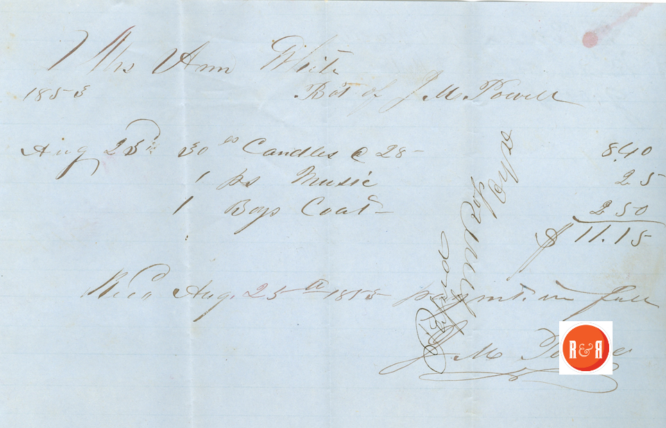 J.M. Powell's receipt to Ann H. White - 1853 - Courtesy of the White Collection/HRH 2008