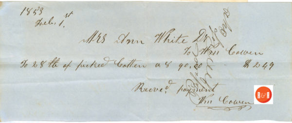 Receipt for picking cotton Feb. 1853 via William Cowen.
