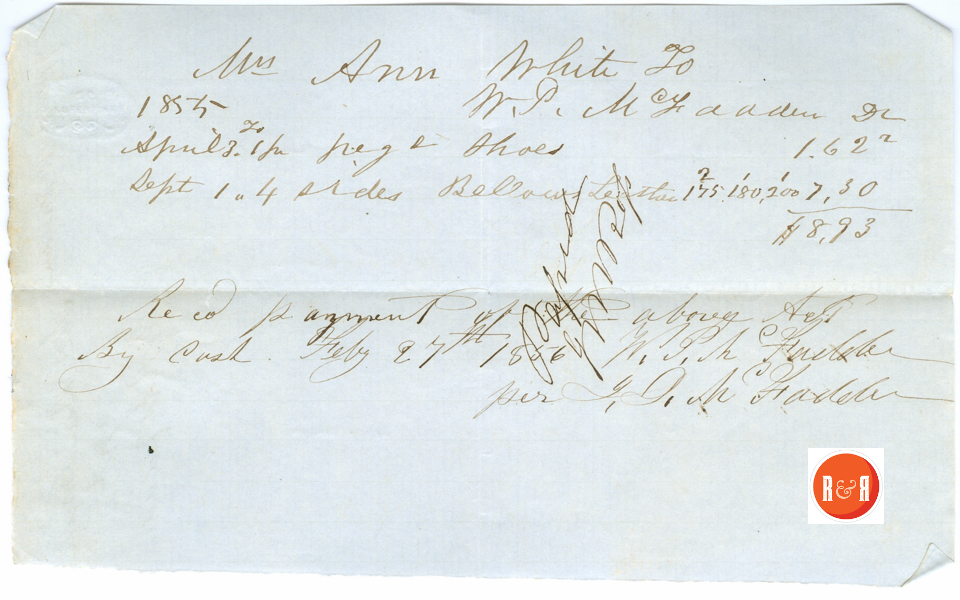 Ann H. White buys bellows leather from W.P. McFadden - 1855 - Courtesy of the White Collection/HRH