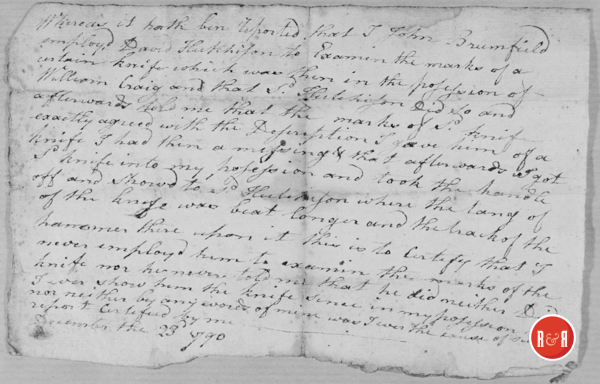 John Brumfield Petition via David Hutchison: Dec. 23, 1790  Document notes: One-page document dated December 23, 1790.  Appears to be a request from John Brumfield to David Hutchison to examine a knife in the possession of William Craig.  It describes the knife.  Appears to be asking David Hutchison to determine if the knife belongs to Brumfield.