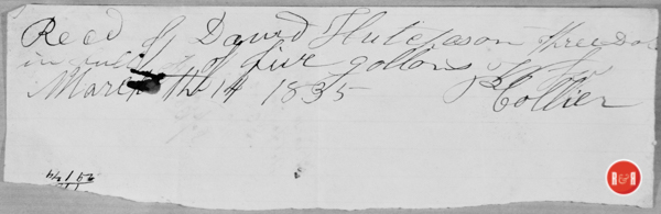 Mr. Collier was paid $3.00 for suppling whisky in 1835. Courtesy of the Hutchison Group 2021