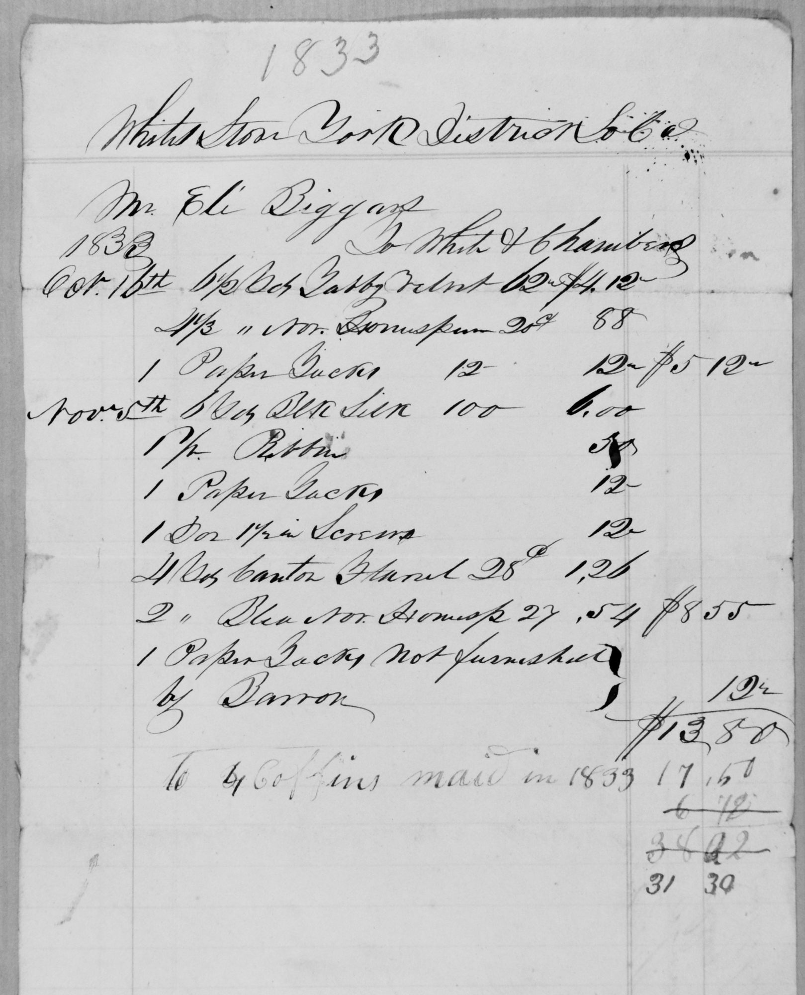 White's Store Account for Eli Biggars - 1833