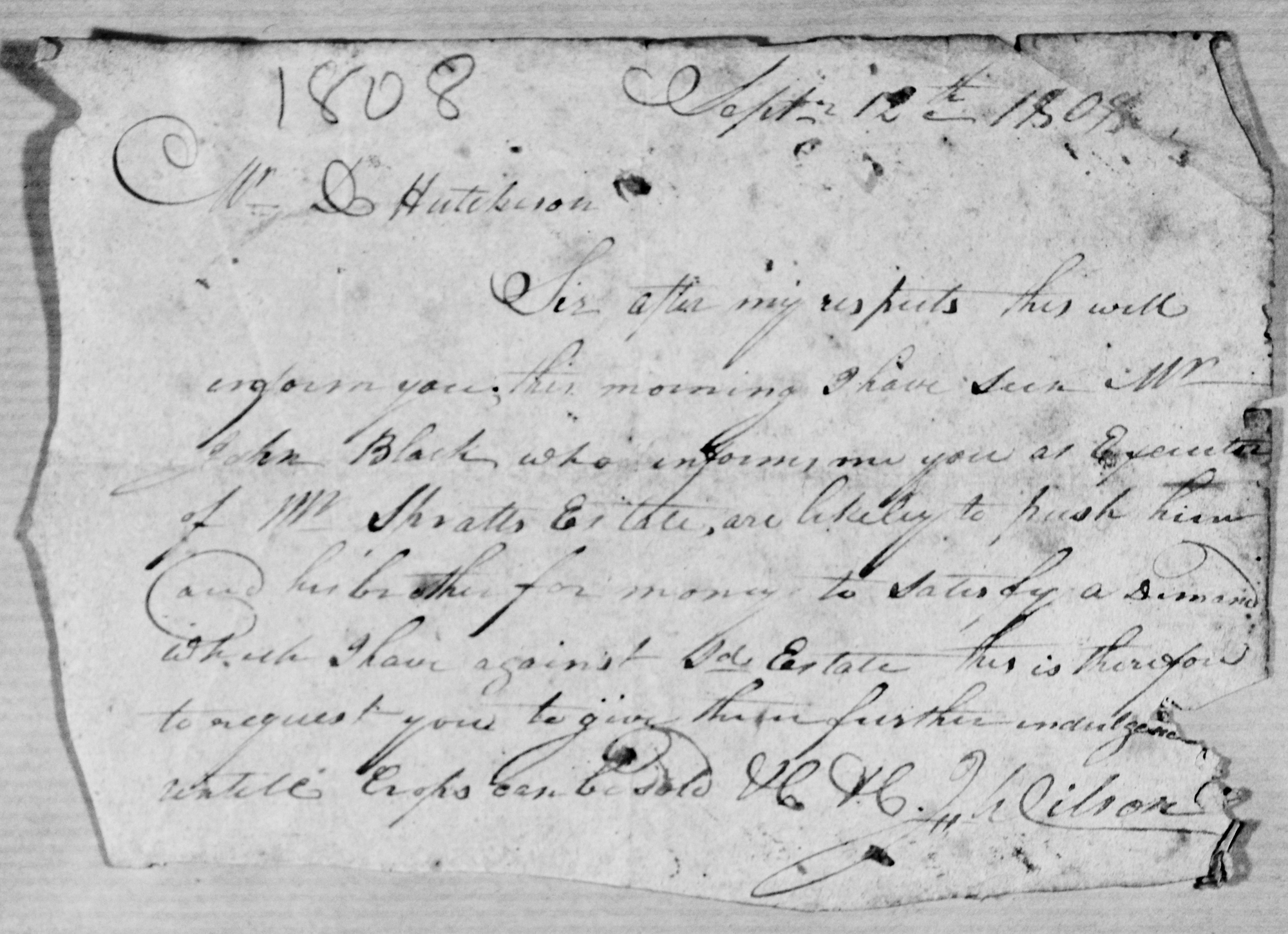 H.H. Wilson owes the Spratt Estate and offers to pay when crops sold, Sept. 12, 1808