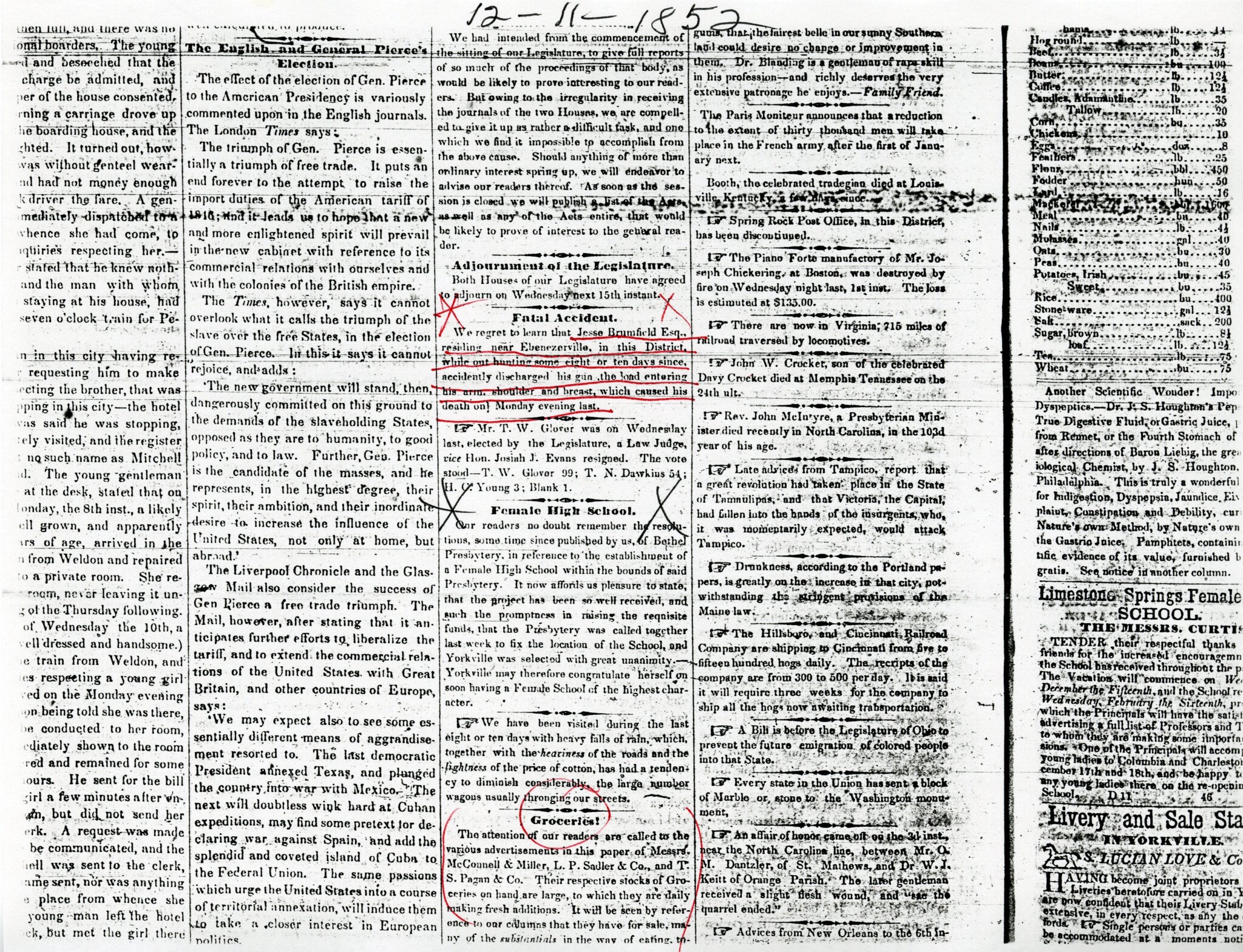 L.P. SADLER ADVERTISES AS GROCER - 1852