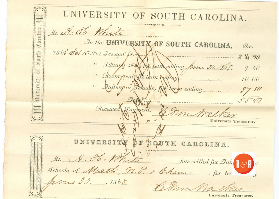 A.H. White's Receipt for tuition, UN. of S.C. - 1868