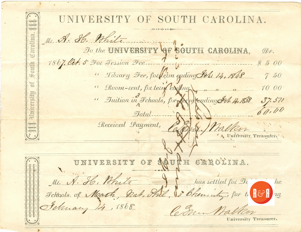 A.H. White's Receipt for tuition, UN. of S.C. - 1867