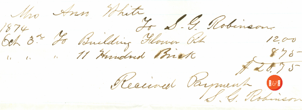 ANN H. WHITE  PAYS S.G. R. FOR BRICK AND MORE - 1874 - Courtesy of the White Collection/HRH 2008