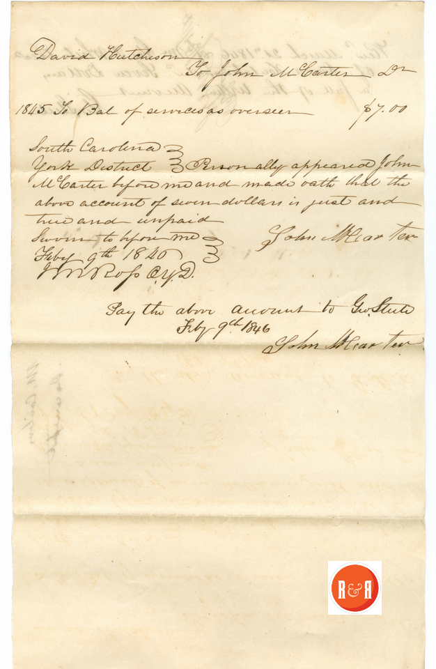 John McCarter's overseer's bill to the Estate of David Hutchison - 1846