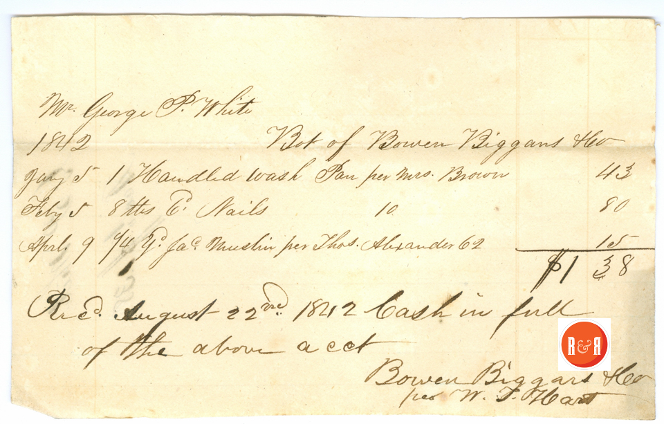 Bowen Biggar's Bill to Geo. P. White - 1842 - Courtesy of the White Collection/HRH 2008