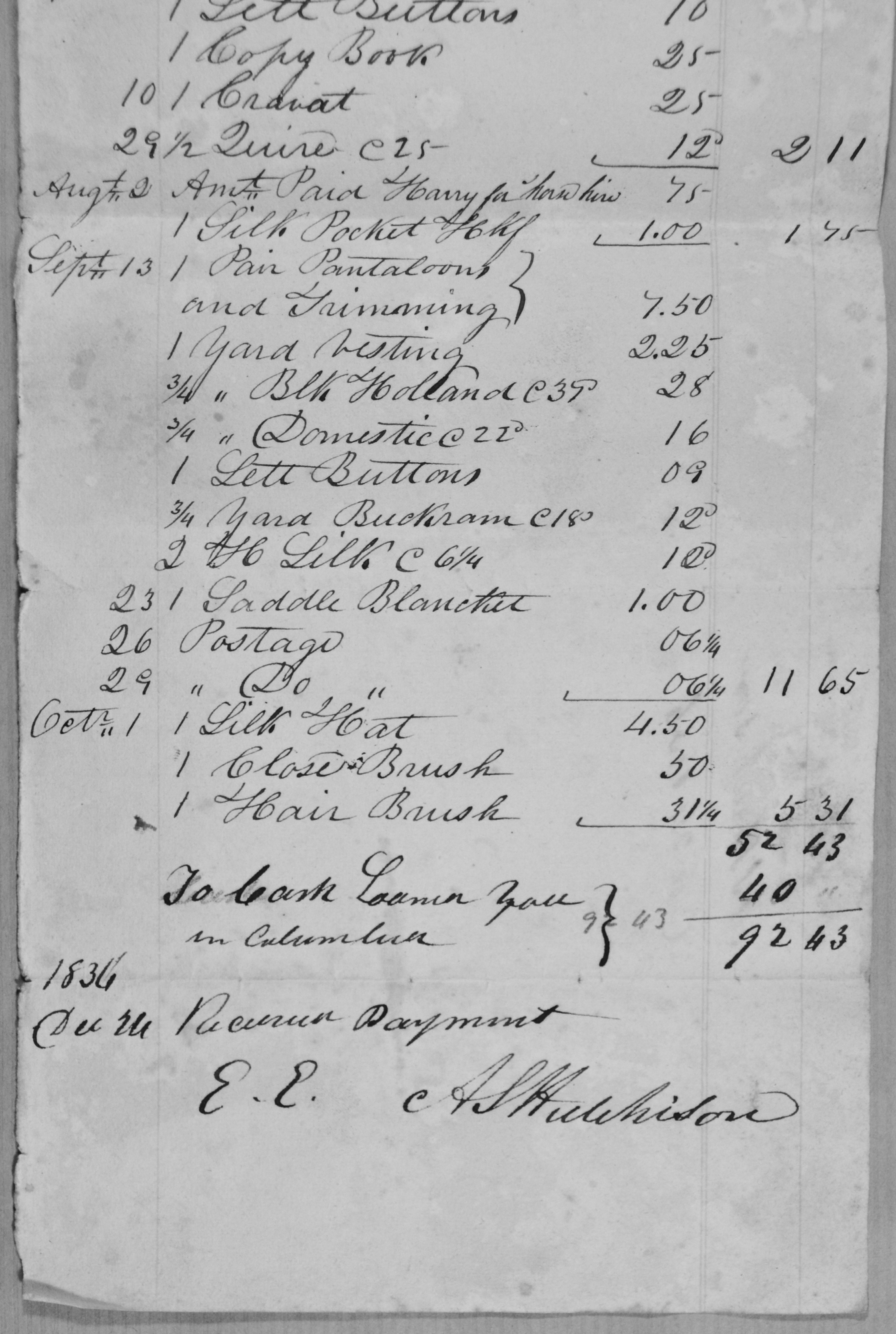 Bottom of account for N.B. Hutchison - 1835