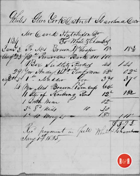 Payment of account @ White - Chambers Store of Fort Mill, S.C. by David Hutchison, 1835