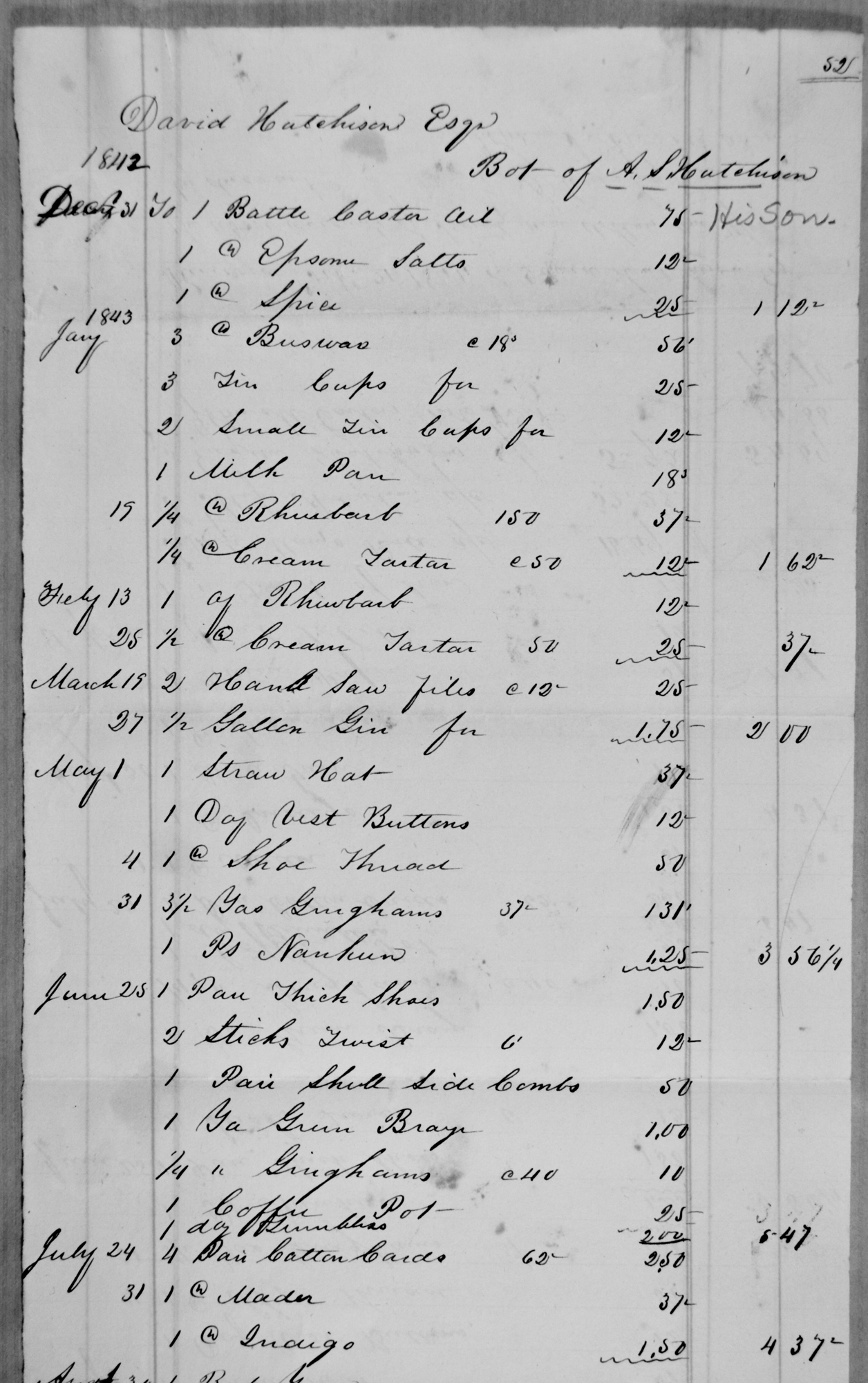 David Hutchison Store Account - 1842