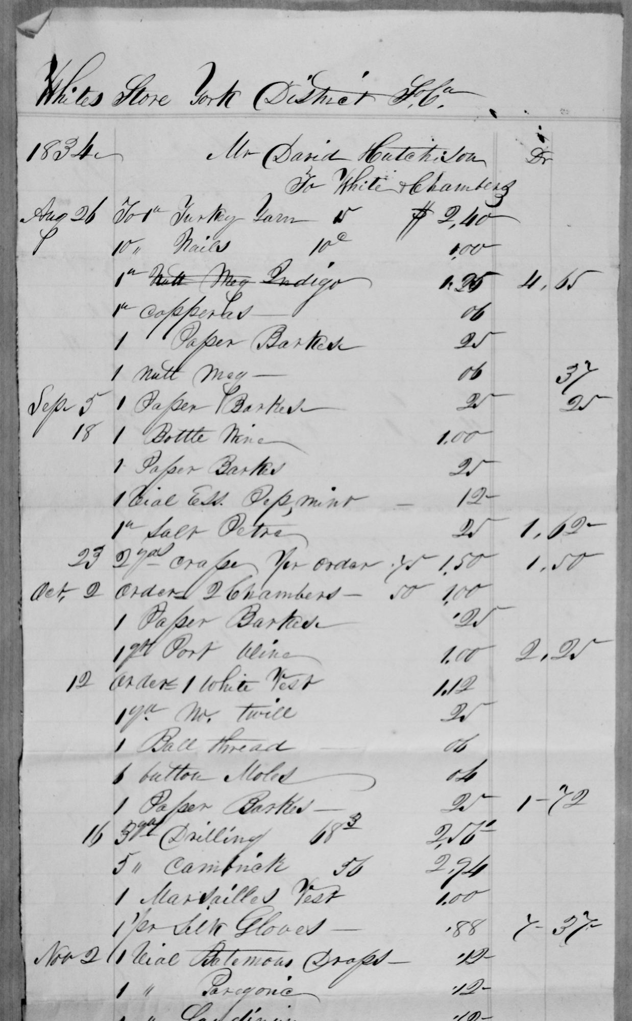 White's Store Account - 1834