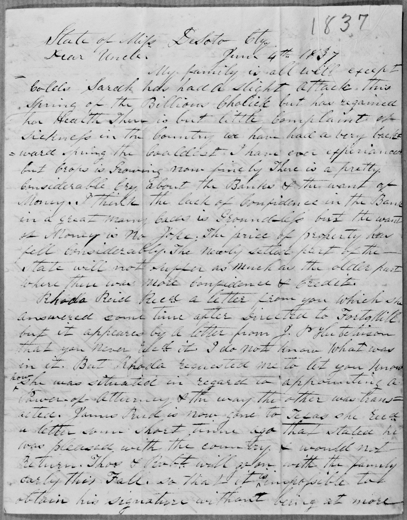 Letter from DeSoto City, Miss., to David Hutchison from his Nephew - A.R. Hutchison, P. 1,  R&R Note: Letter to David Hutchison from Rhoda & Thomas Reid, dated March 30, 1837 from Desoto County, Mississippi.  Discussing a power of attorney.