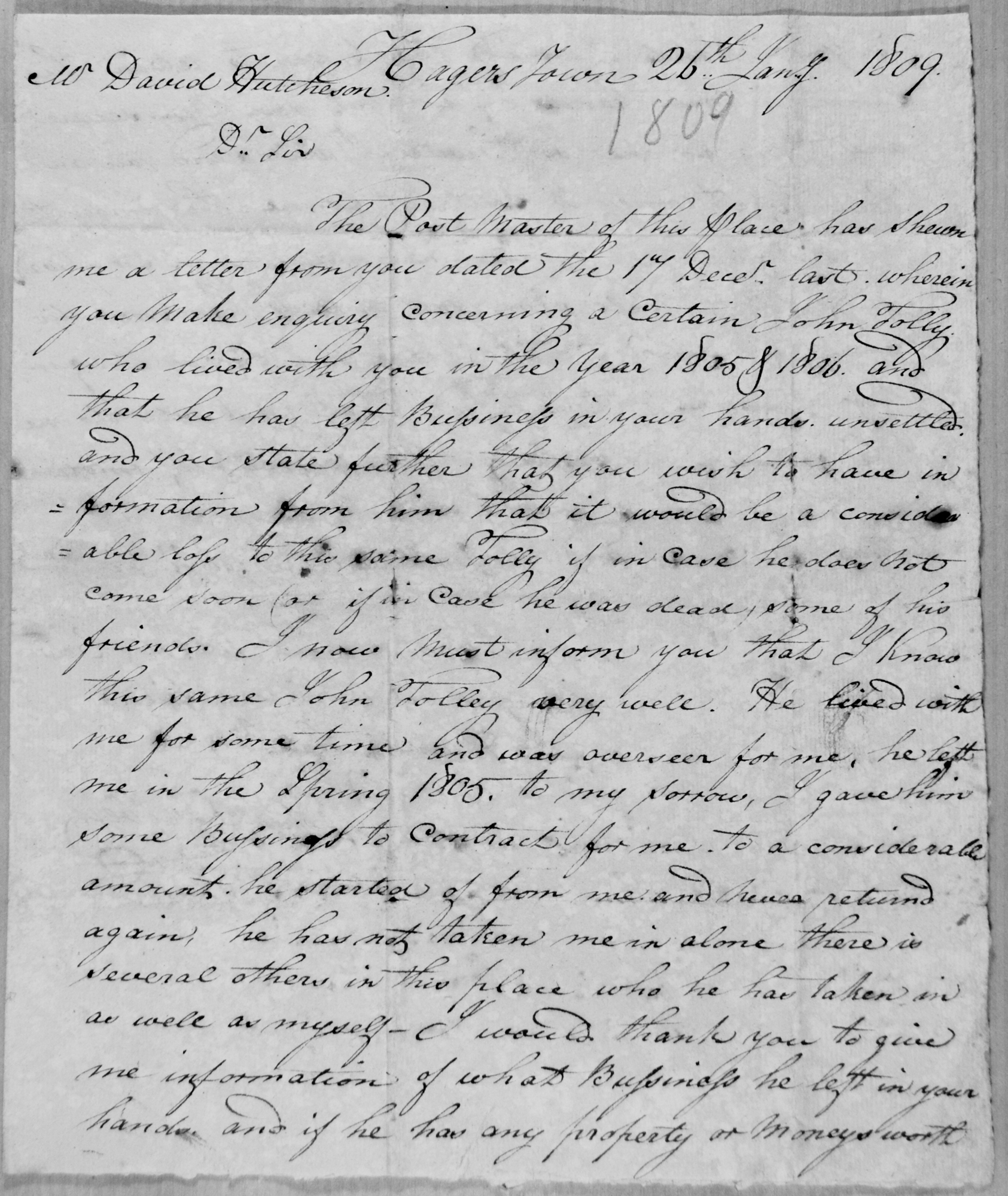 Letter from David Hutchison to Mr. Gilbert asking about the location of John Tolley, dated July 24, 1809.