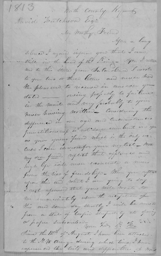 Letter to David Hutchison from Moses A. Feris, dated March 13, 1808 from Bath Co., Kentucky.  The letter refers to a defeat under Gen. J.G. Winchester....