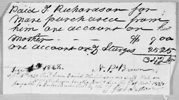 N.P. Brown paying for trading horses for his mother.  Dated, unknown. Also on this document is a payment of $6., payable to Dr. Brown, Sept. 1829