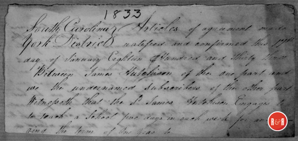 Agreement signed Jan. 17, 1833 between James Hutchison and the subscribers to the Cross Roads school.  The document describes the courses and schedule.  No subscribers names provided.  Hutchison Group 2021