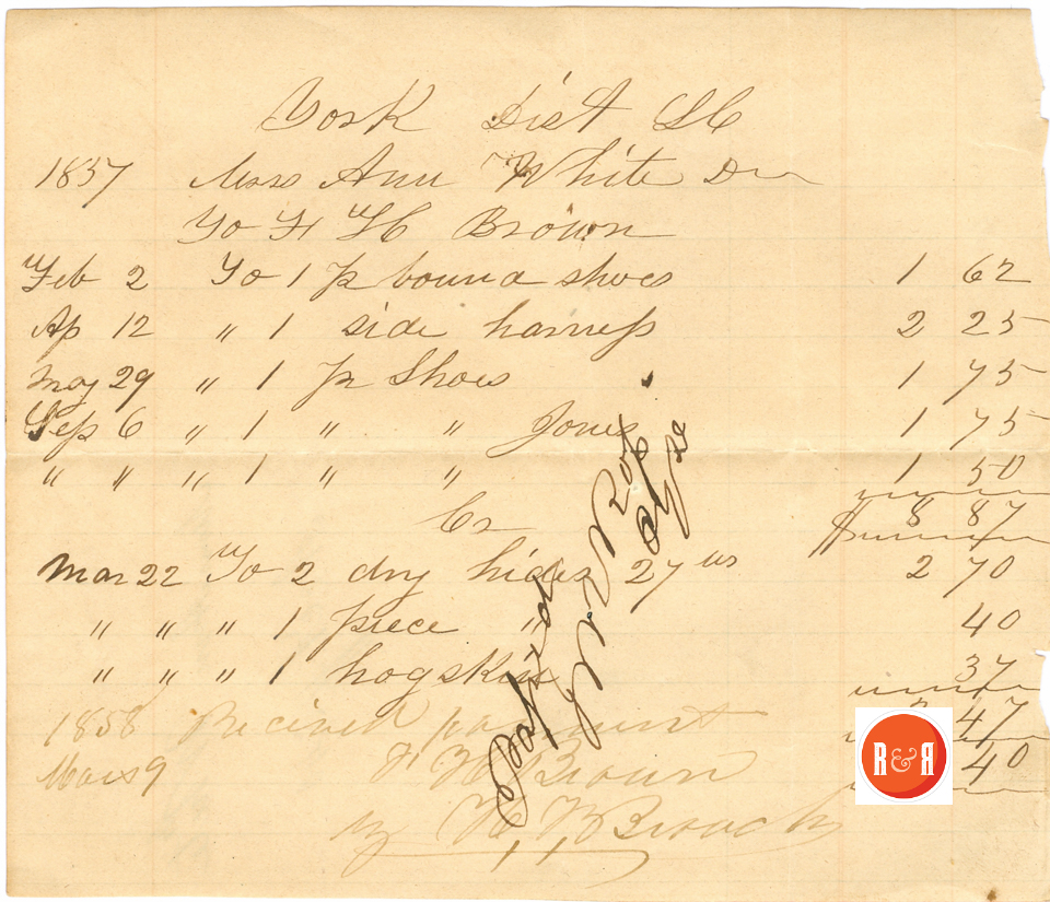 F.H. Brown's receipt for shoes, etc., per Broach's Store - Courtesy of the White Collection/HRH 2008