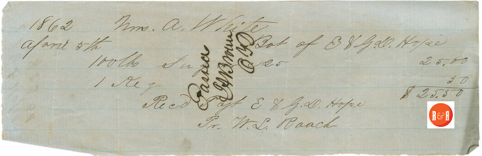W.L. ROACH procures payment for sugar via Ann H. White 1862 - Courtesy of the White Collection/HRH 2008