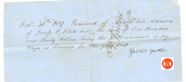 Receipt for work as oversee in 1851, by James Gulden/Gaulden/ Gauldin.