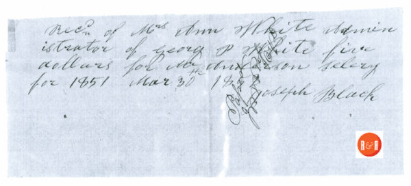 Receipt for the payment of Mr. Anderson's salary for the year 1852, signed by Joseph Black.