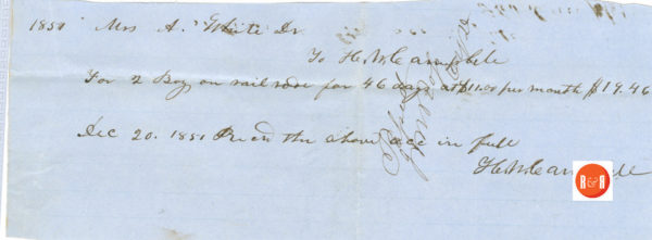 Payment to Mrs. A.H. White for rent of two slaves to work the Railroad in 1851@ $11.00 per month by H.W. Campbell.